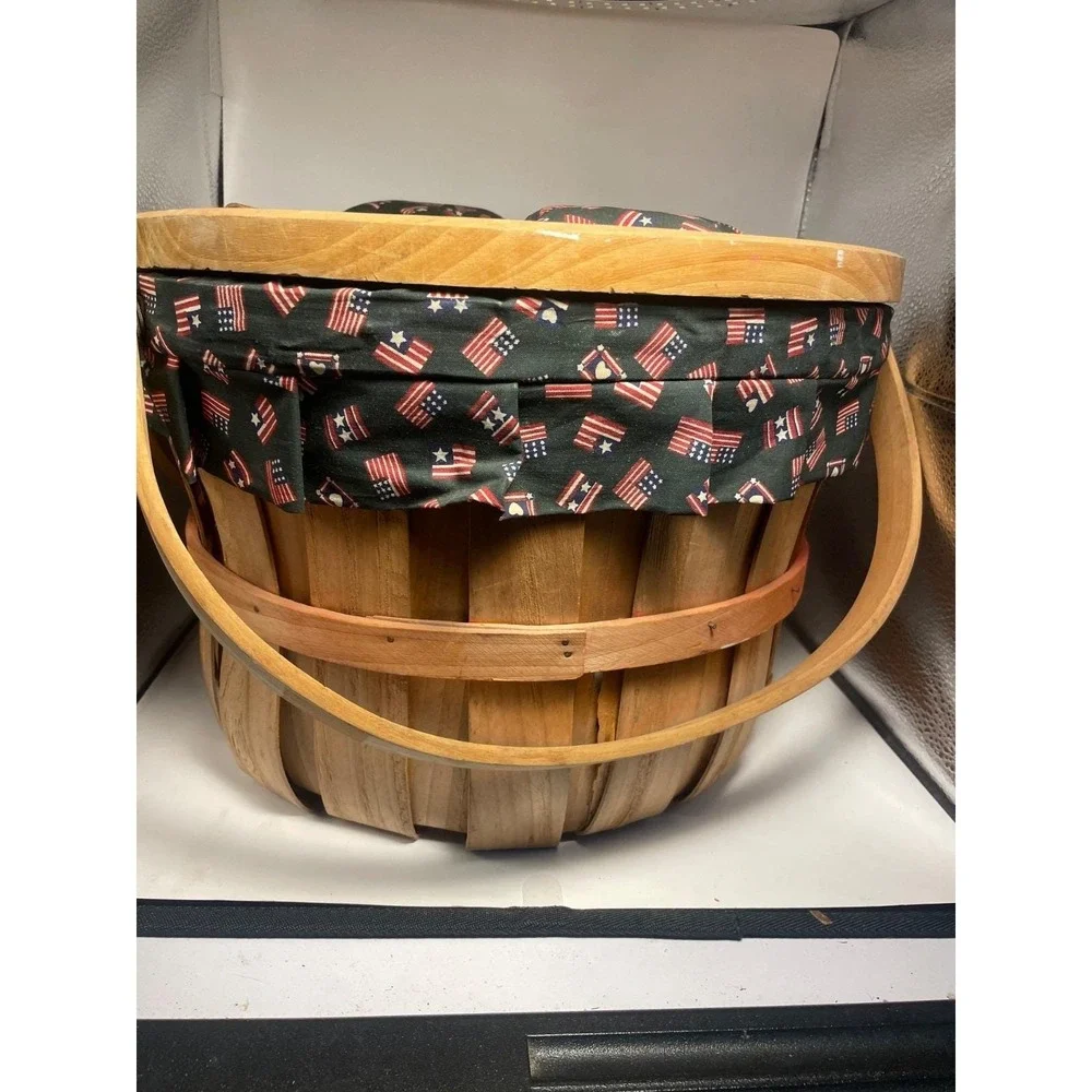 VTG 13Star Wood Double Lid Barrel Weave Basket Lined Flag Heart Leather USA Gift